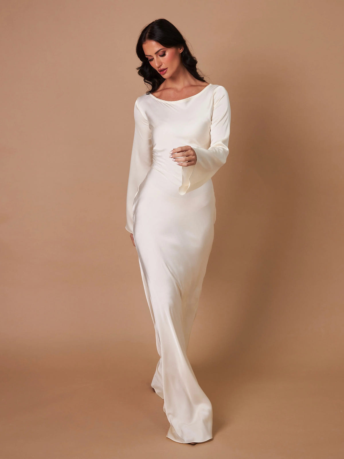 Lucienne | Women's Bell Sleeve Scoop Neck Satin Mermaid Evening Maxi Dress