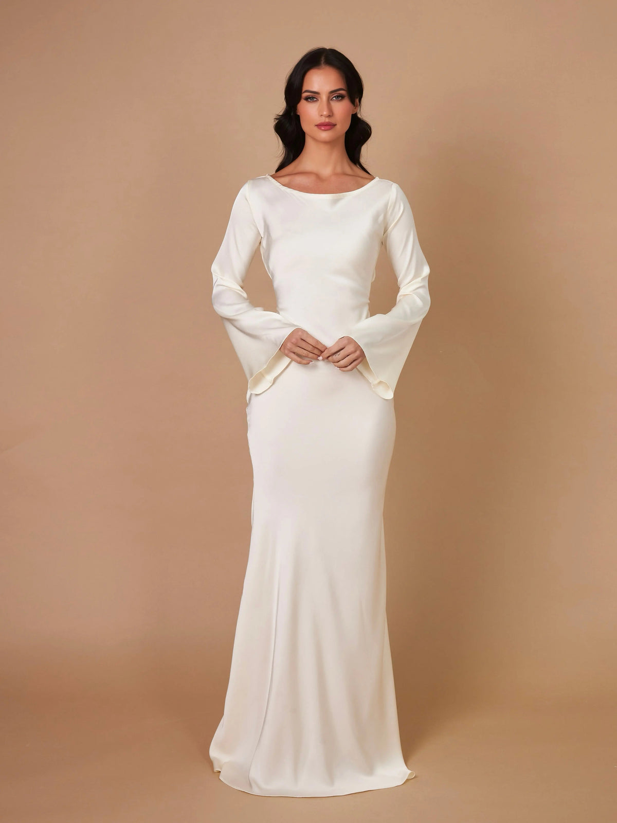 Lucienne | Women's Bell Sleeve Scoop Neck Satin Mermaid Evening Maxi Dress