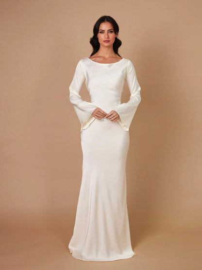 Lucienne | Women's Bell Sleeve Scoop Neck Satin Mermaid Evening Maxi Dress