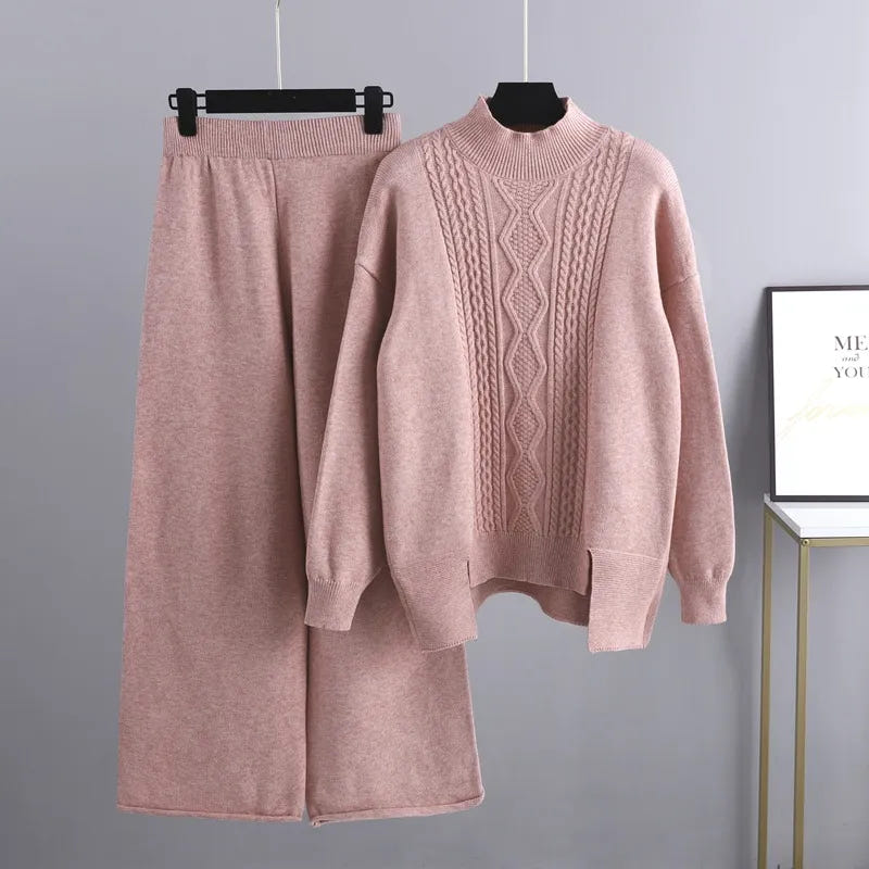 Callista | Women's Mock Neck Cable Knit Sweater and Wide-Leg Pant Set