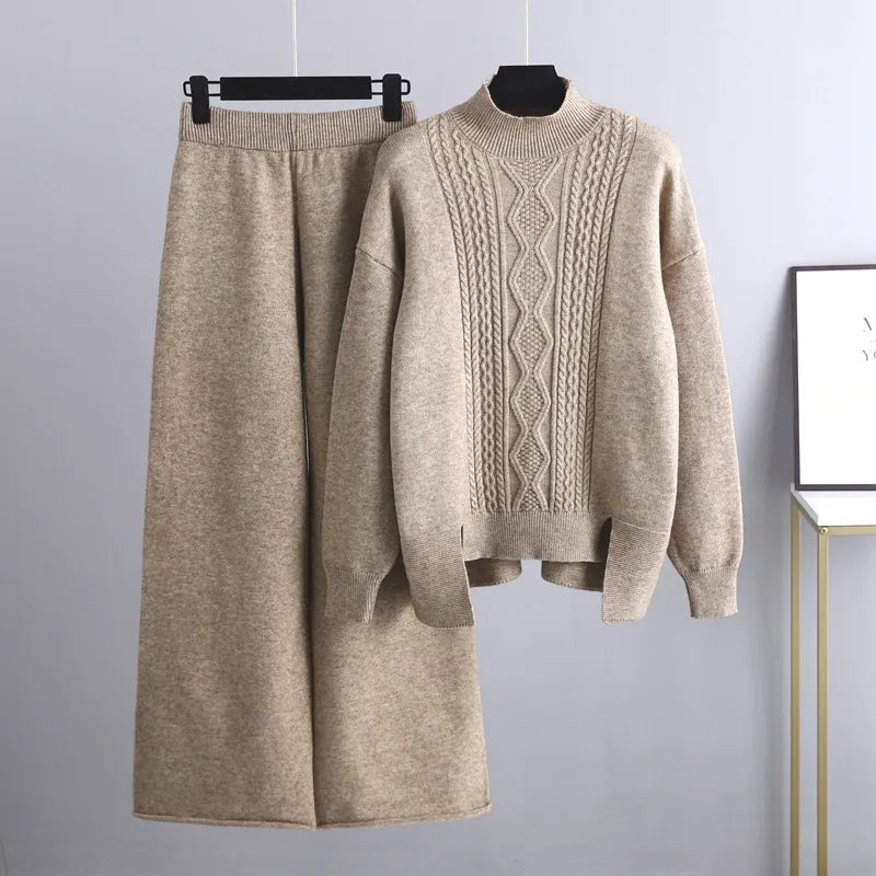 Callista | Women's Mock Neck Cable Knit Sweater and Wide-Leg Pant Set