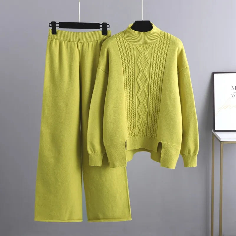 Callista | Women's Mock Neck Cable Knit Sweater and Wide-Leg Pant Set