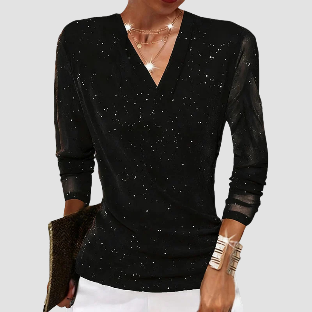 Estella | Women's Sparkly Party Long Sleeve Wrap V Neck Mesh Top