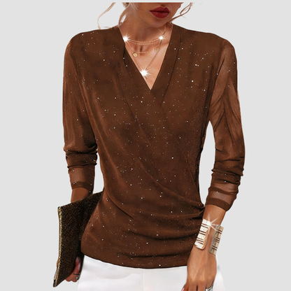 Estella | Women's Sparkly Party Long Sleeve Wrap V Neck Mesh Top