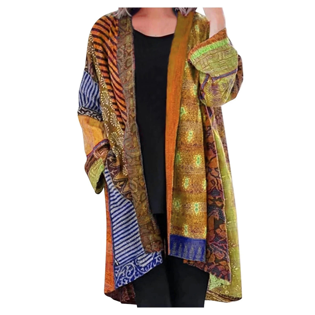 Odalys | Women's Boho Patchwork Print Oversized Fall Layering Longline Cardigan
