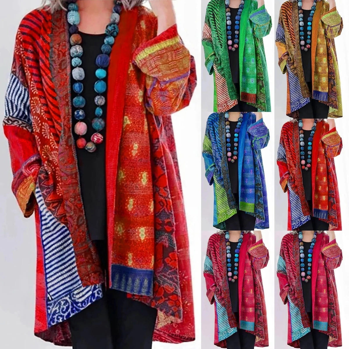Odalys | Women's Boho Patchwork Print Oversized Fall Layering Longline Cardigan