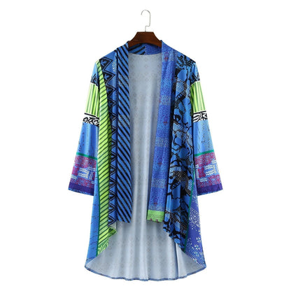 Odalys | Women's Boho Patchwork Print Oversized Fall Layering Longline Cardigan