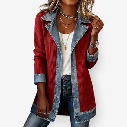 Juniper | Women's Cute Fall Ribbed Knit Denim Trim Lapel Cardigan Jacket