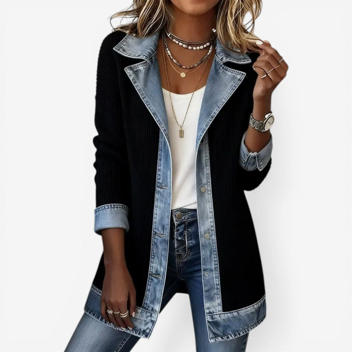 Juniper | Women's Cute Fall Ribbed Knit Denim Trim Lapel Cardigan Jacket