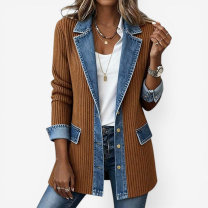 Juniper | Women's Cute Fall Ribbed Knit Denim Trim Lapel Cardigan Jacket