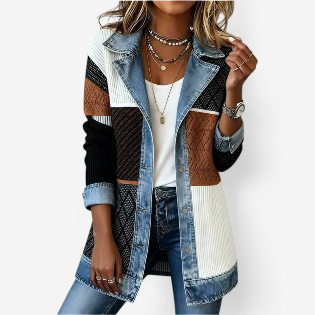 Juniper | Women's Cute Fall Ribbed Knit Denim Trim Lapel Cardigan Jacket