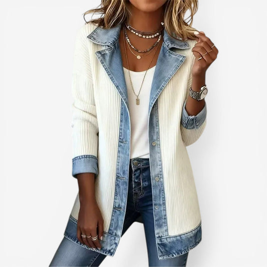 Juniper | Women's Cute Fall Ribbed Knit Denim Trim Lapel Cardigan Jacket