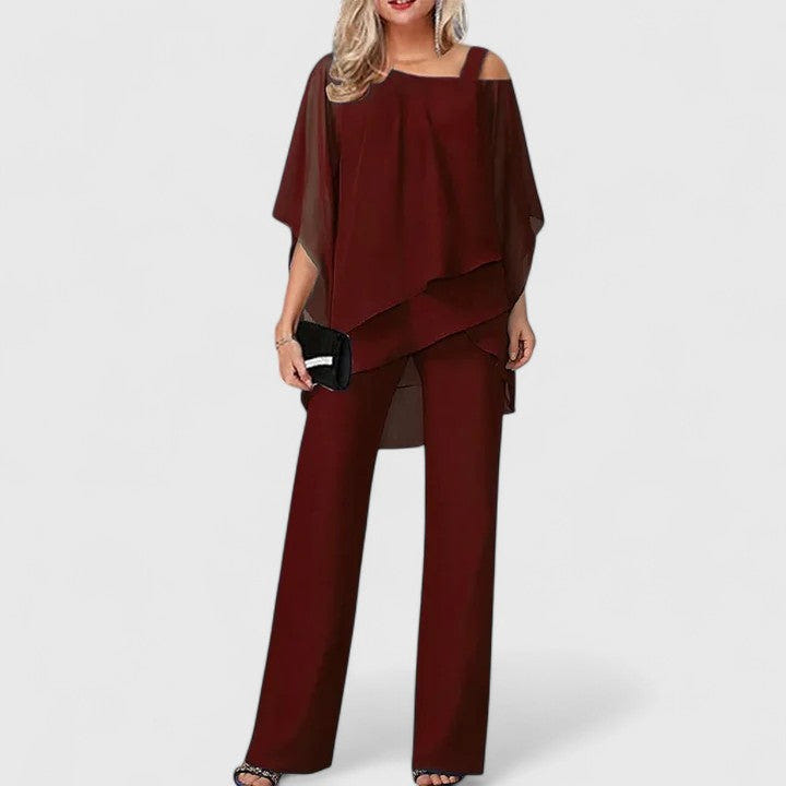 Cordelia | Women's Asymmetric Cold Shoulder Layered Wide Leg Pant Set