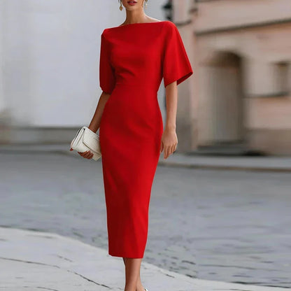 Aurelia | Women's Elegant Boat Neck Half Sleeve Bodycon Midi Engagement Party Dress