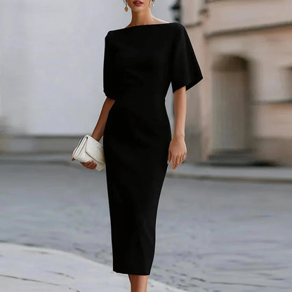 Aurelia | Women's Elegant Boat Neck Half Sleeve Bodycon Midi Engagement Party Dress