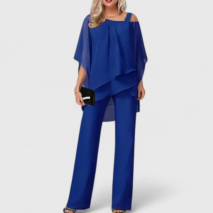 Cordelia | Women's Asymmetric Cold Shoulder Layered Wide Leg Pant Set
