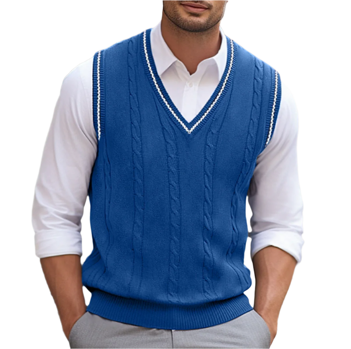 Ambrose | Men's Fall Fashion Preppy Contrast Trim Cable Knit Layering Sweater Vest