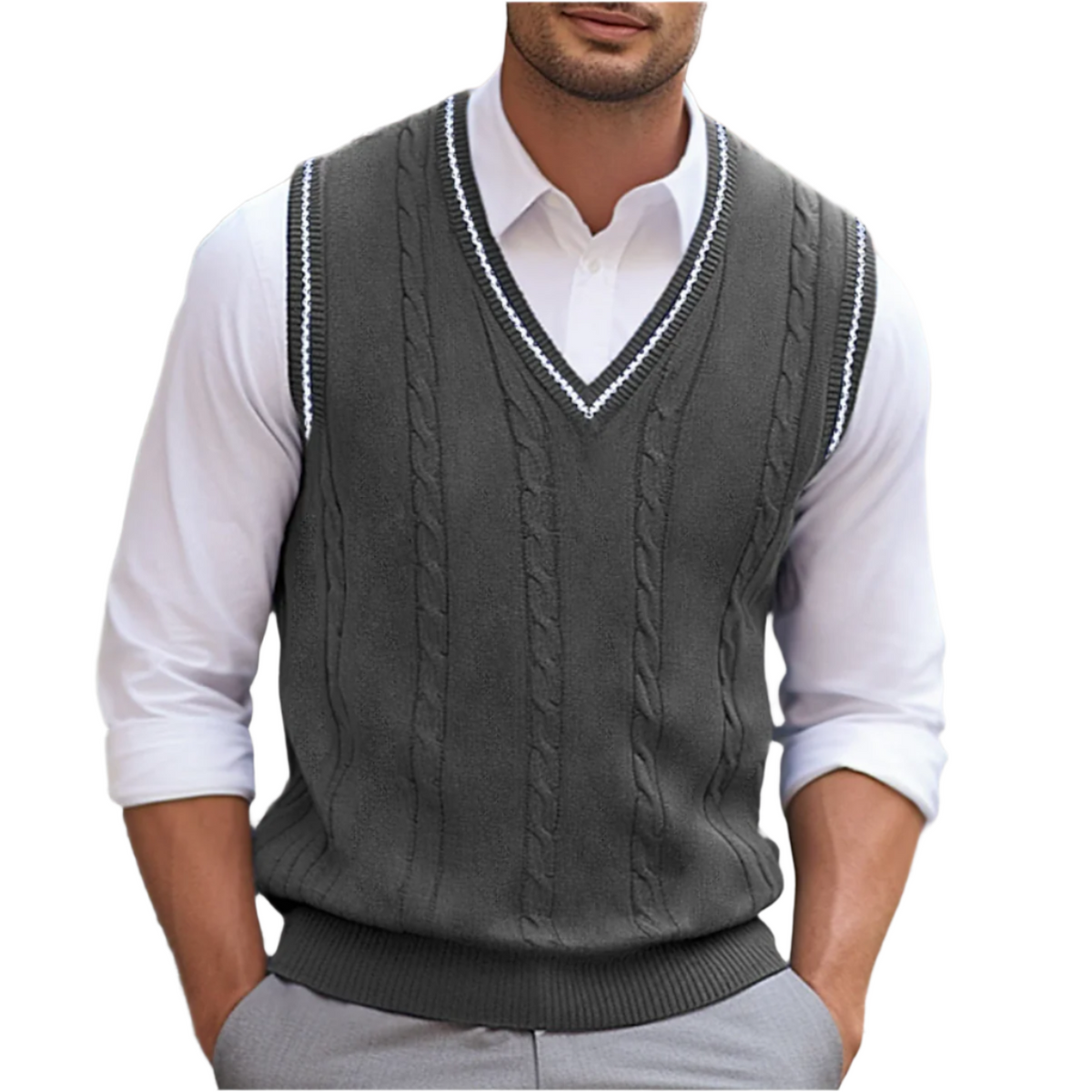 Ambrose | Men's Fall Fashion Preppy Contrast Trim Cable Knit Layering Sweater Vest