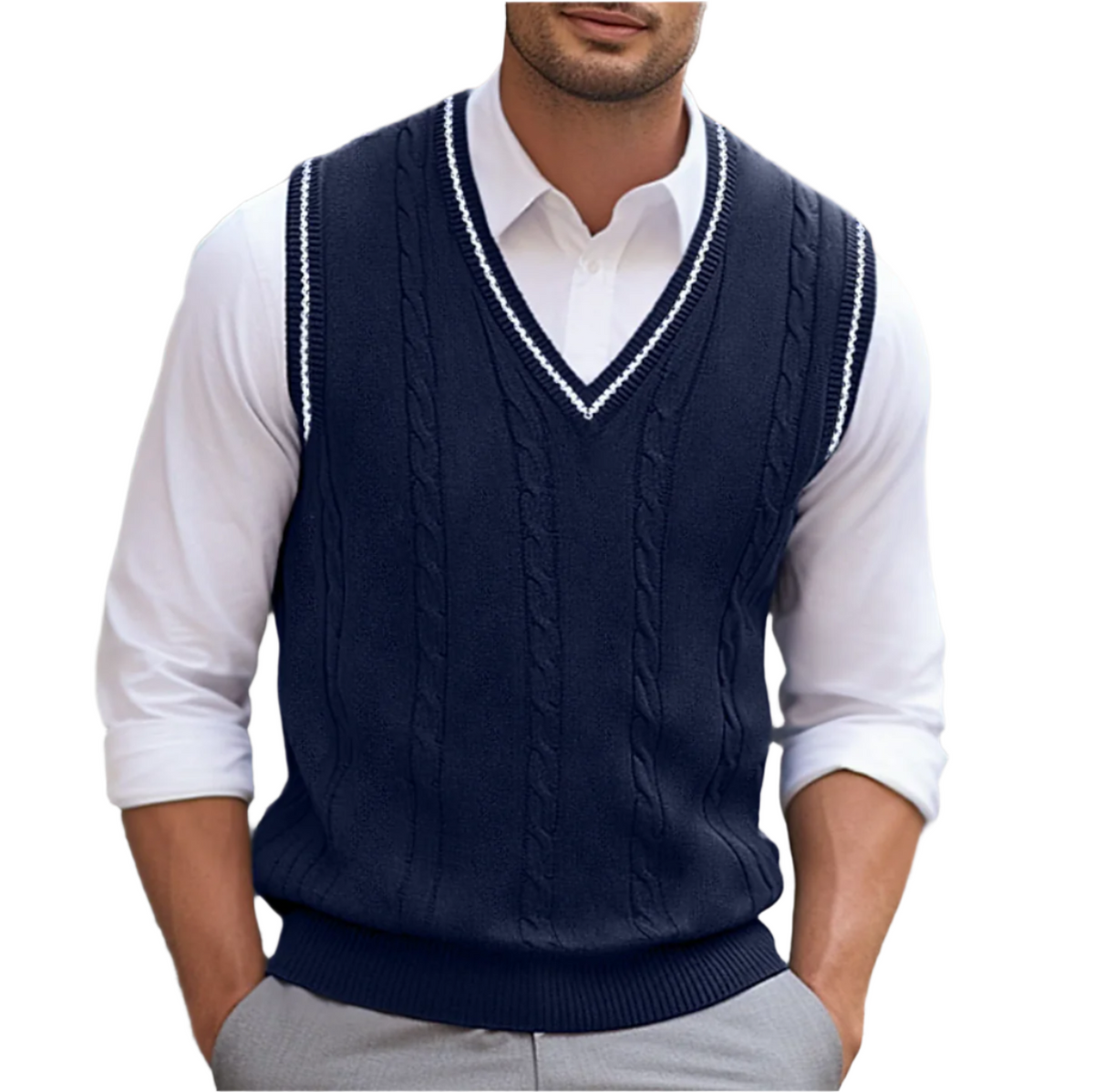 Ambrose | Men's Fall Fashion Preppy Contrast Trim Cable Knit Layering Sweater Vest