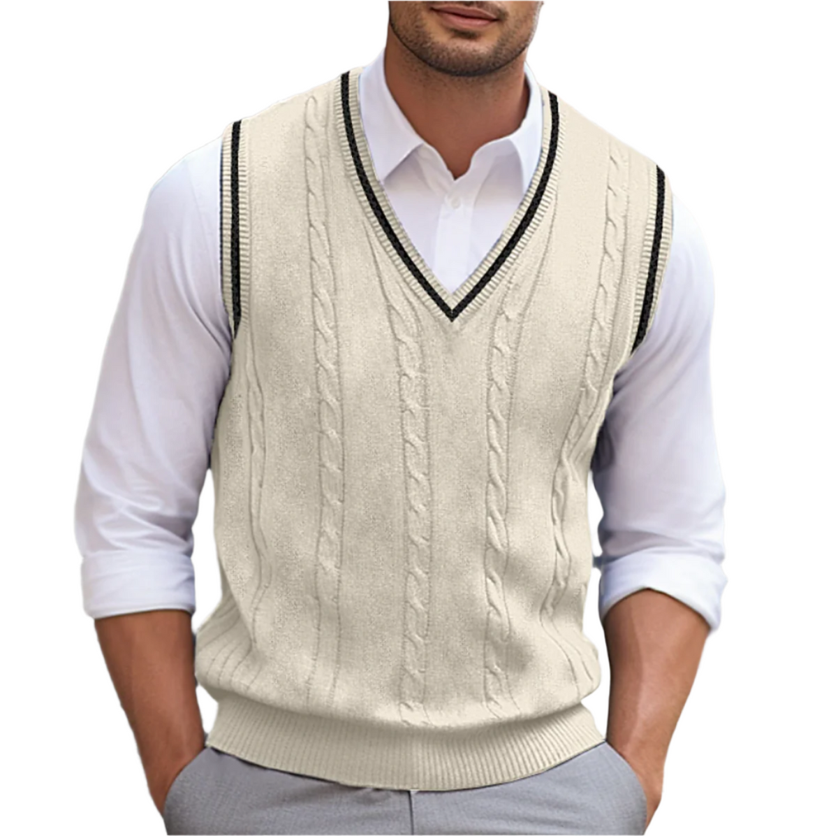 Ambrose | Men's Fall Fashion Preppy Contrast Trim Cable Knit Layering Sweater Vest