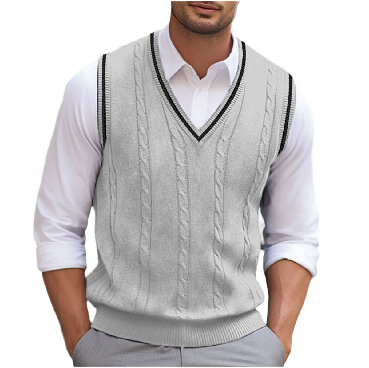 Ambrose | Men's Fall Fashion Preppy Contrast Trim Cable Knit Layering Sweater Vest