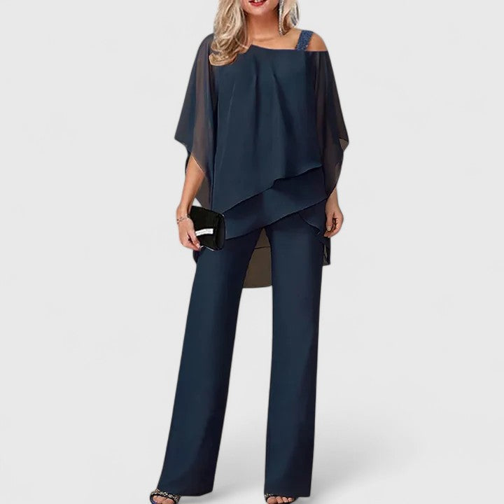 Cordelia | Women's Asymmetric Cold Shoulder Layered Wide Leg Pant Set