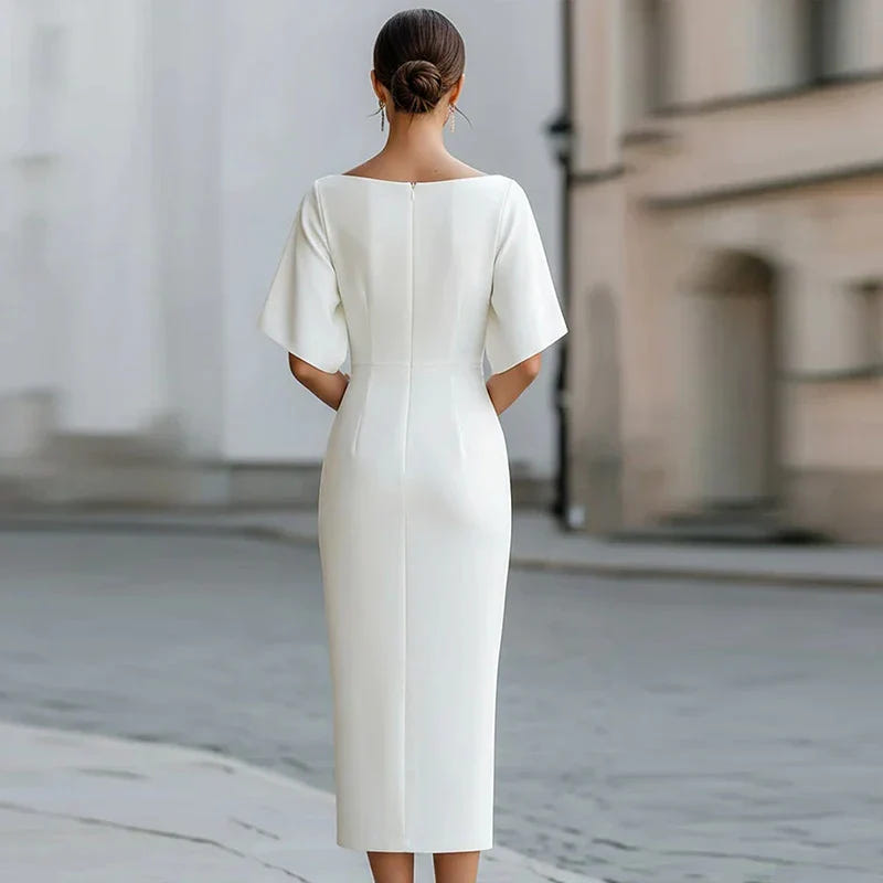 Aurelia | Women's Elegant Boat Neck Half Sleeve Bodycon Midi Engagement Party Dress