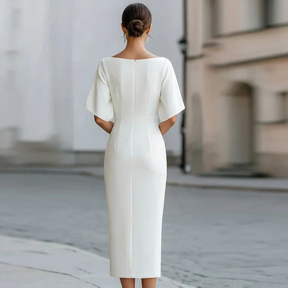 Aurelia | Women's Elegant Boat Neck Half Sleeve Bodycon Midi Engagement Party Dress