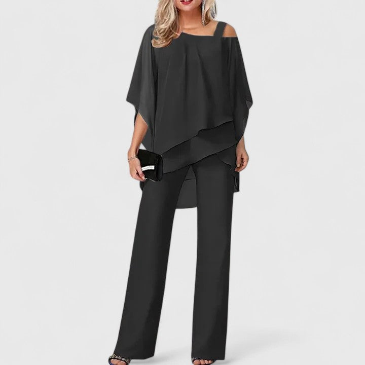 Cordelia | Women's Asymmetric Cold Shoulder Layered Wide Leg Pant Set
