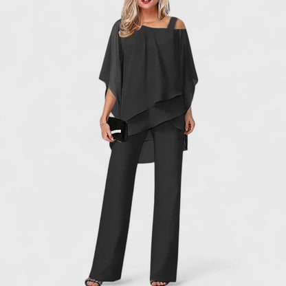 Cordelia | Women's Asymmetric Cold Shoulder Layered Wide Leg Pant Set