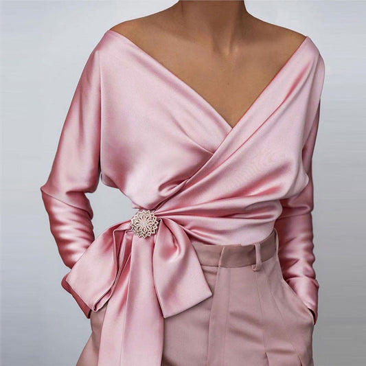 Toni | Women's Satin Wrap Blouse With Bow And Brooch