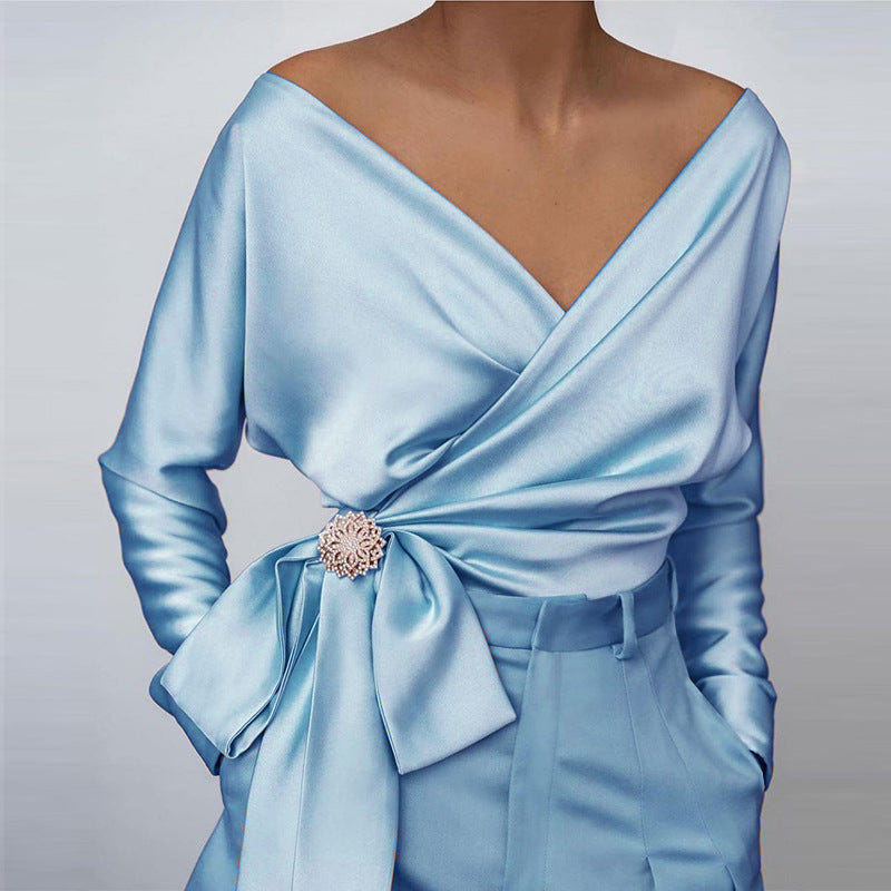 Toni | Women's Satin Wrap Blouse With Bow And Brooch