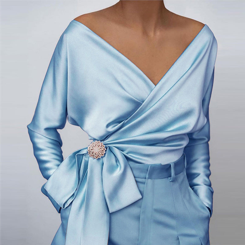 Toni | Women's Satin Wrap Blouse With Bow And Brooch