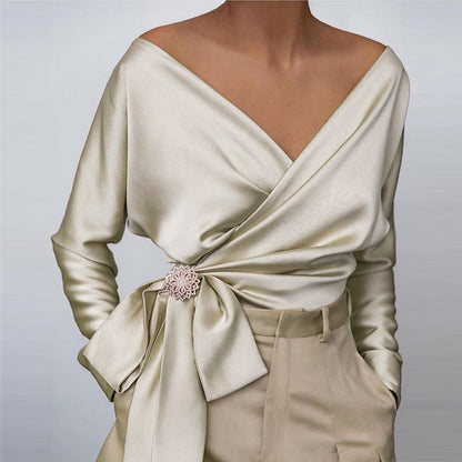 Toni | Women's Satin Wrap Blouse With Bow And Brooch