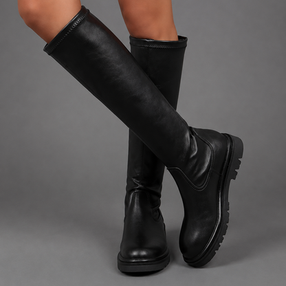 Fiora | Women's Black Round Toe Chunky Lug Sole Knee High Boot