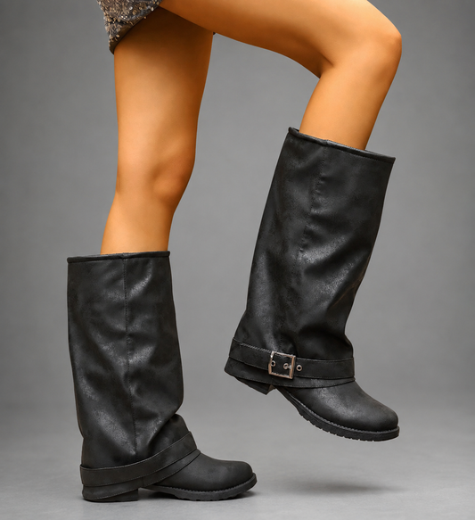 Sabine | Women's Black Buckle Strap Low Block Heel Knee-High Slouch Boot