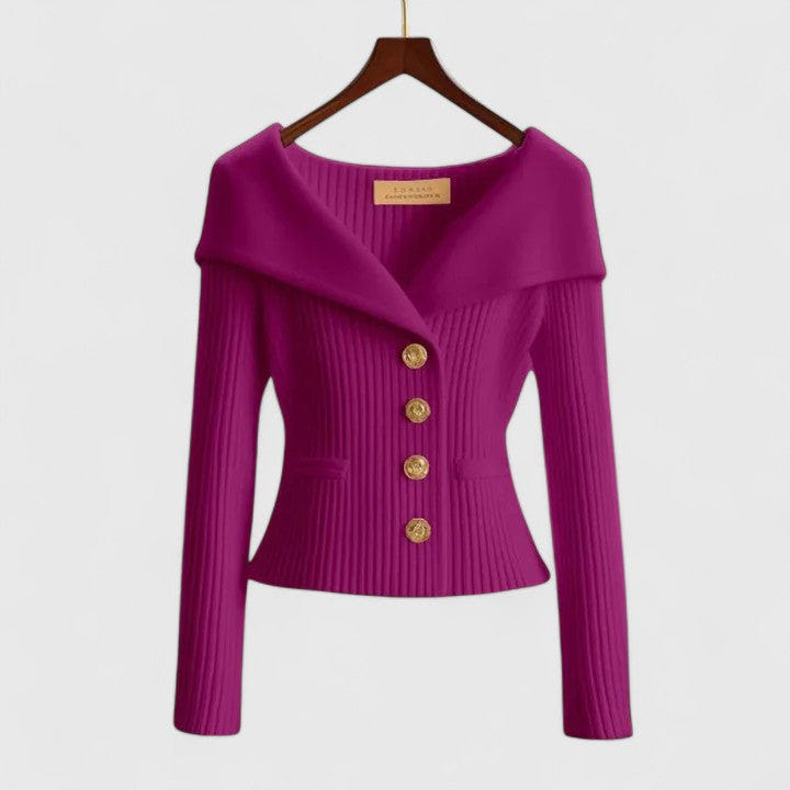 Gisela | Women's Fold-Over Collar Gold Button Fitted Long Sleeve Fall Cardigan
