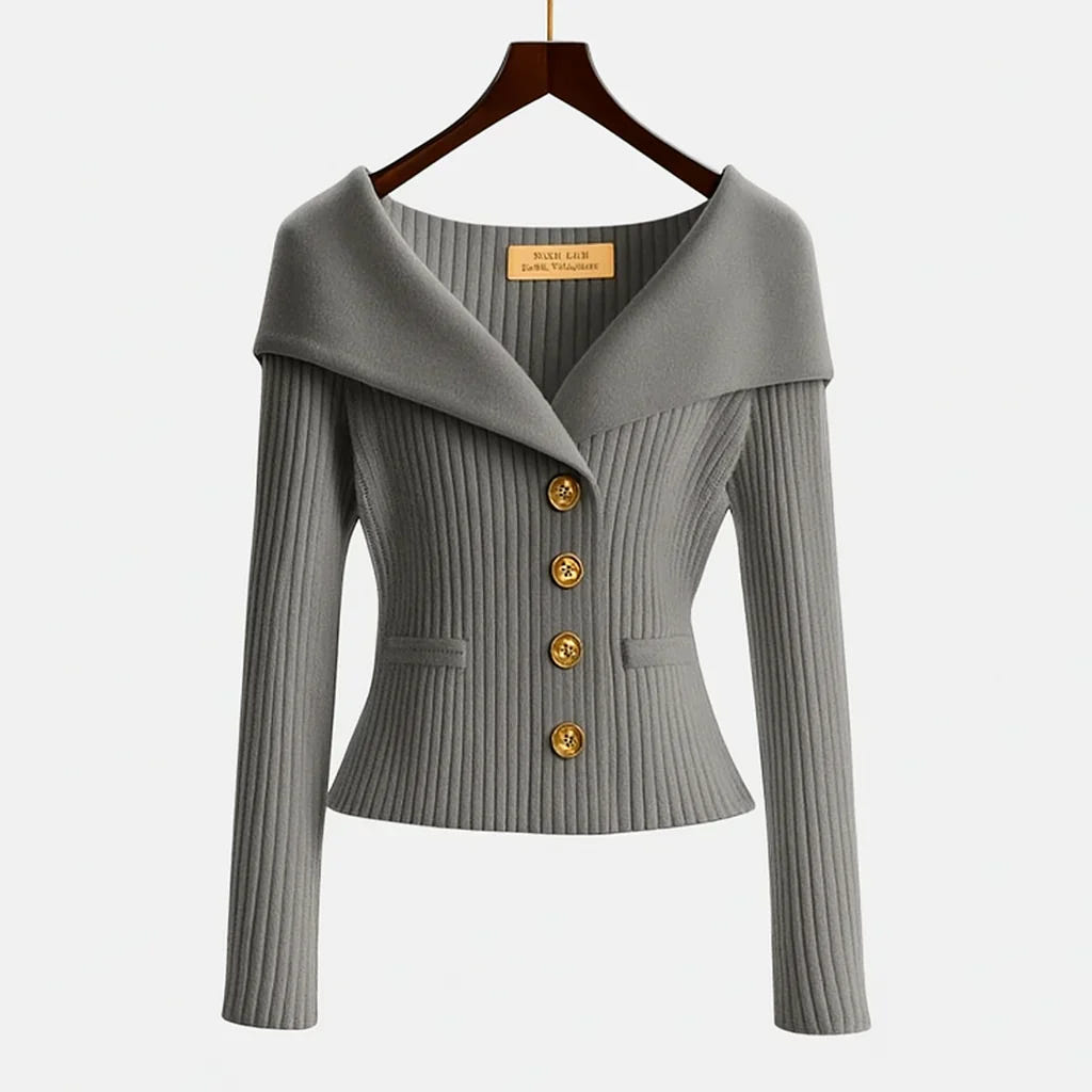Gisela | Women's Fold-Over Collar Gold Button Fitted Long Sleeve Fall Cardigan