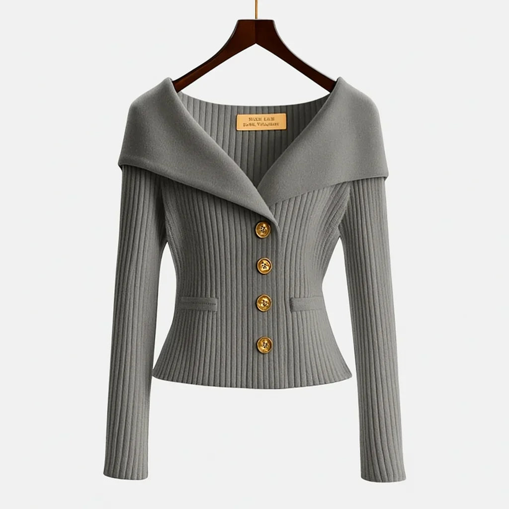 Gisela | Women's Fold-Over Collar Gold Button Fitted Long Sleeve Fall Cardigan