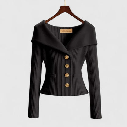 Gisela | Women's Fold-Over Collar Gold Button Fitted Long Sleeve Fall Cardigan
