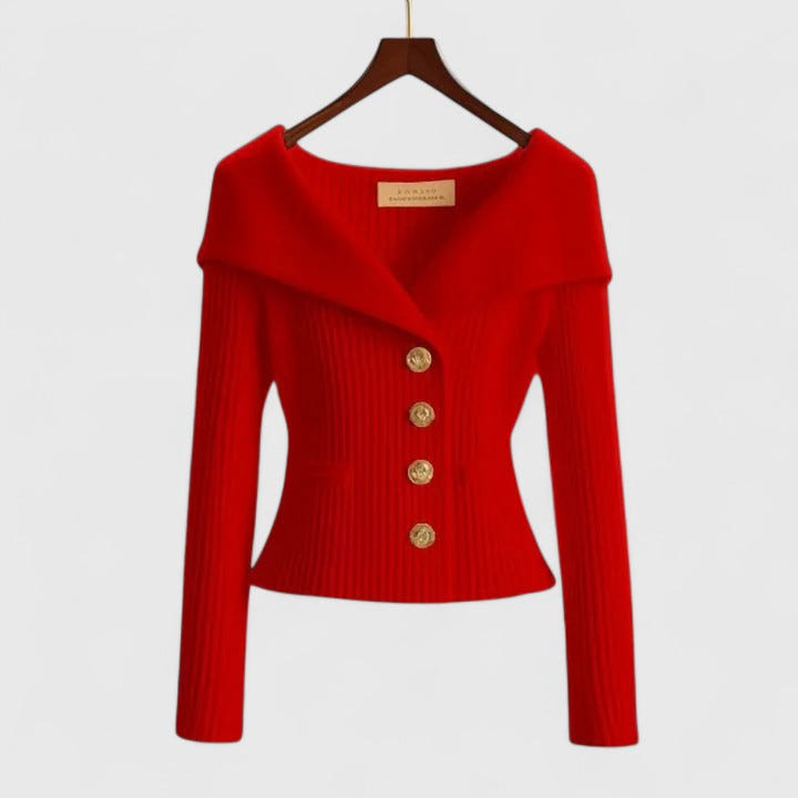 Gisela | Women's Fold-Over Collar Gold Button Fitted Long Sleeve Fall Cardigan