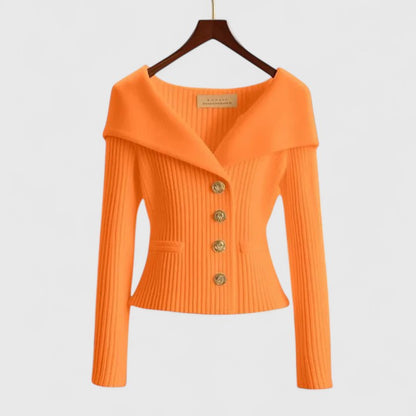 Gisela | Women's Fold-Over Collar Gold Button Fitted Long Sleeve Fall Cardigan