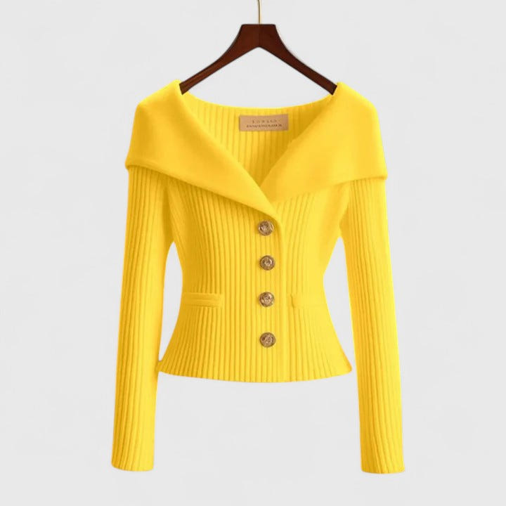 Gisela | Women's Fold-Over Collar Gold Button Fitted Long Sleeve Fall Cardigan
