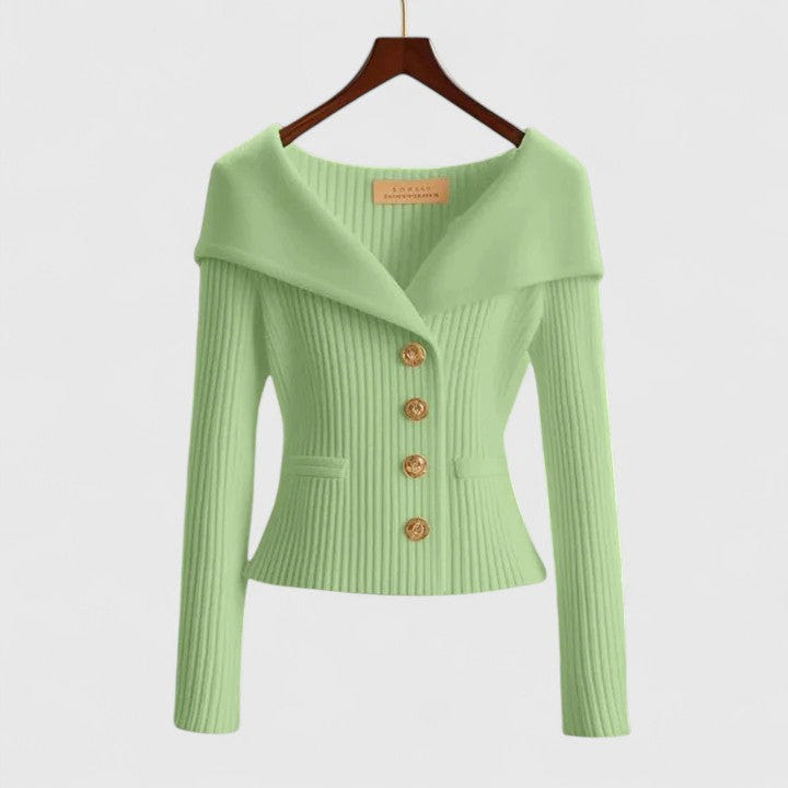 Gisela | Women's Fold-Over Collar Gold Button Fitted Long Sleeve Fall Cardigan