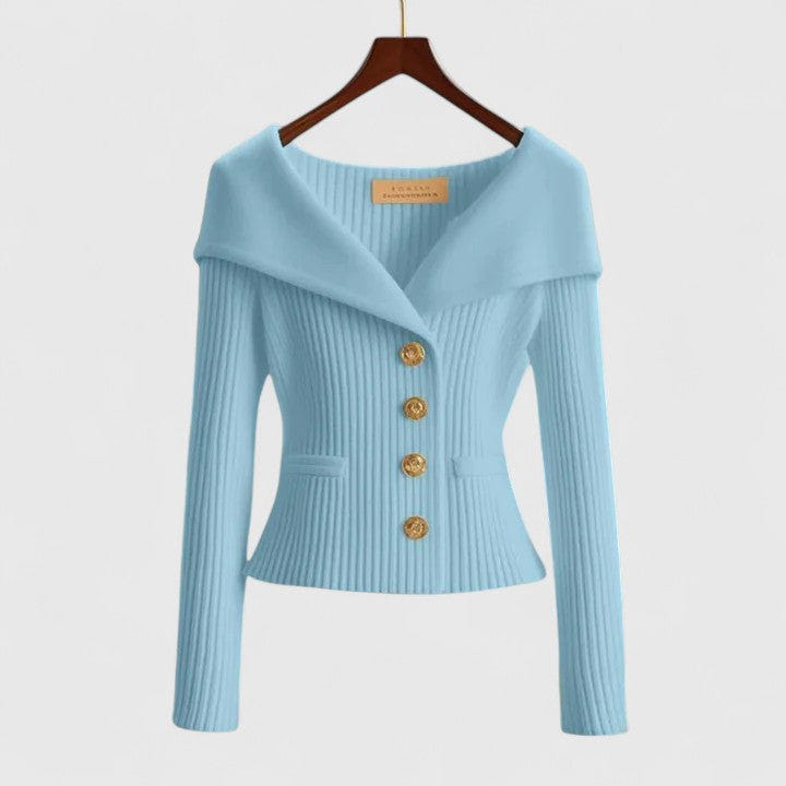 Gisela | Women's Fold-Over Collar Gold Button Fitted Long Sleeve Fall Cardigan