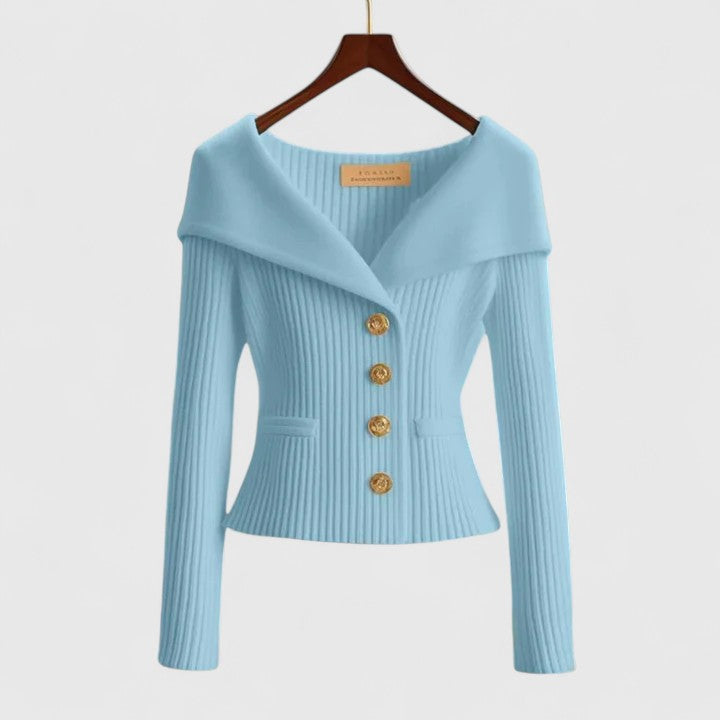 Gisela | Women's Fold-Over Collar Gold Button Fitted Long Sleeve Fall Cardigan
