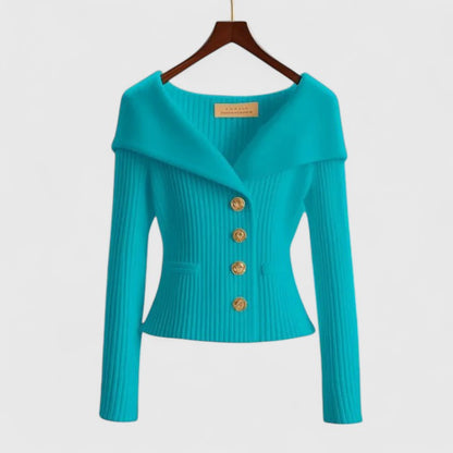 Gisela | Women's Fold-Over Collar Gold Button Fitted Long Sleeve Fall Cardigan
