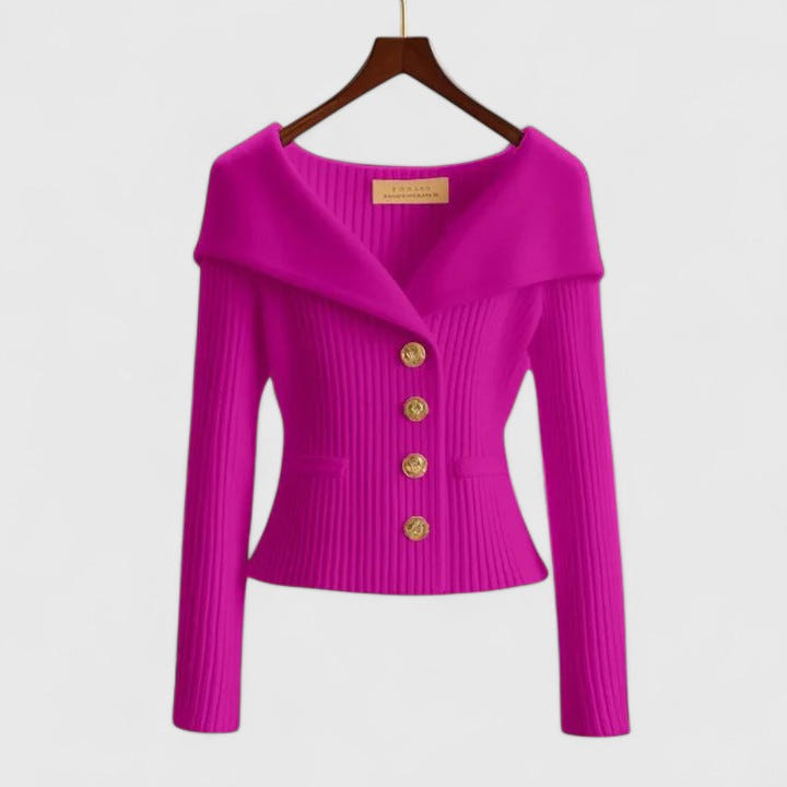Gisela | Women's Fold-Over Collar Gold Button Fitted Long Sleeve Fall Cardigan