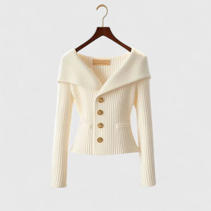 Gisela | Women's Fold-Over Collar Gold Button Fitted Long Sleeve Fall Cardigan