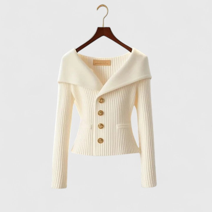 Gisela | Women's Fold-Over Collar Gold Button Fitted Long Sleeve Fall Cardigan